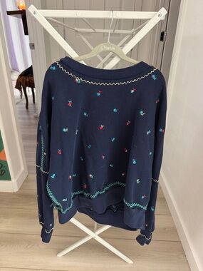 Something Navy Navy Blue Crewneck Sweater with Red & Teal Embroidery